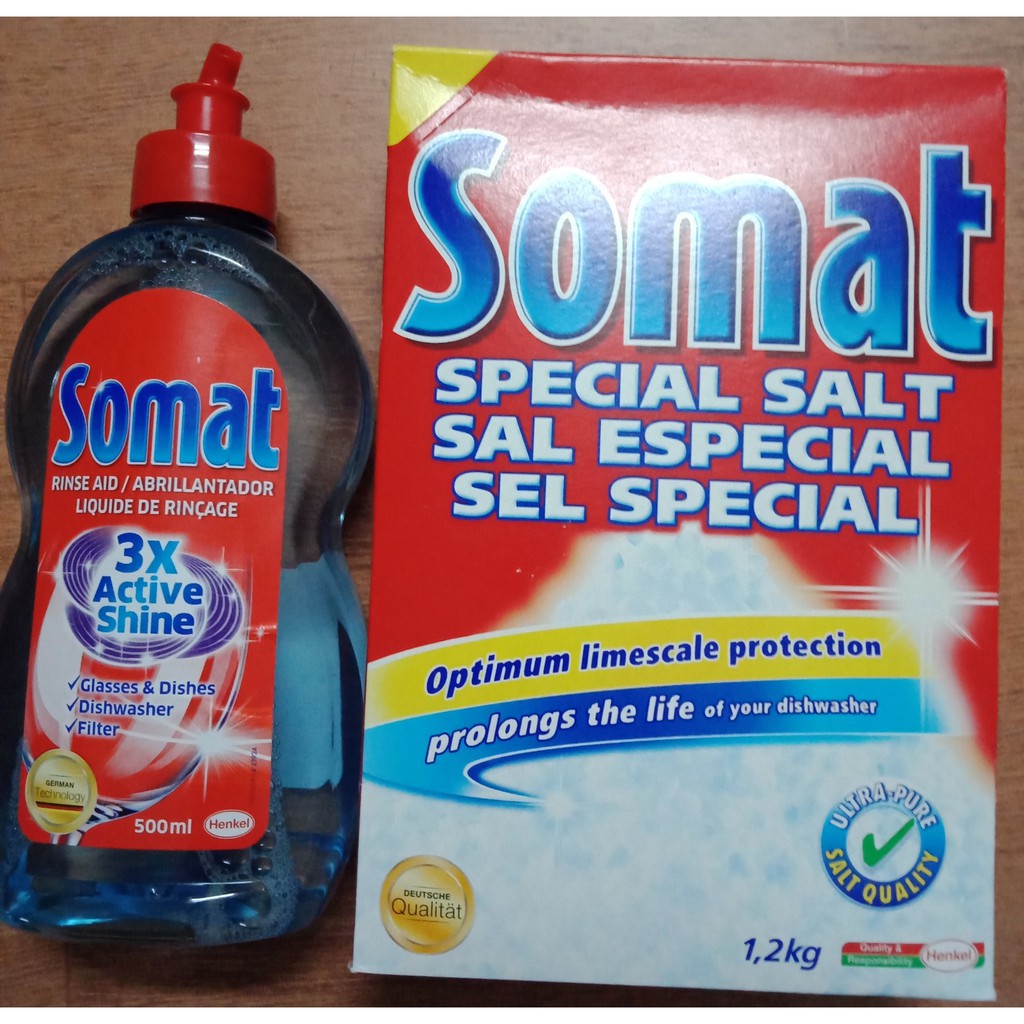 Combo Muối Rửa Bát Largo 1,2kg Và Chai Nước Làm Bóng Somat 750ml Hàng Đức