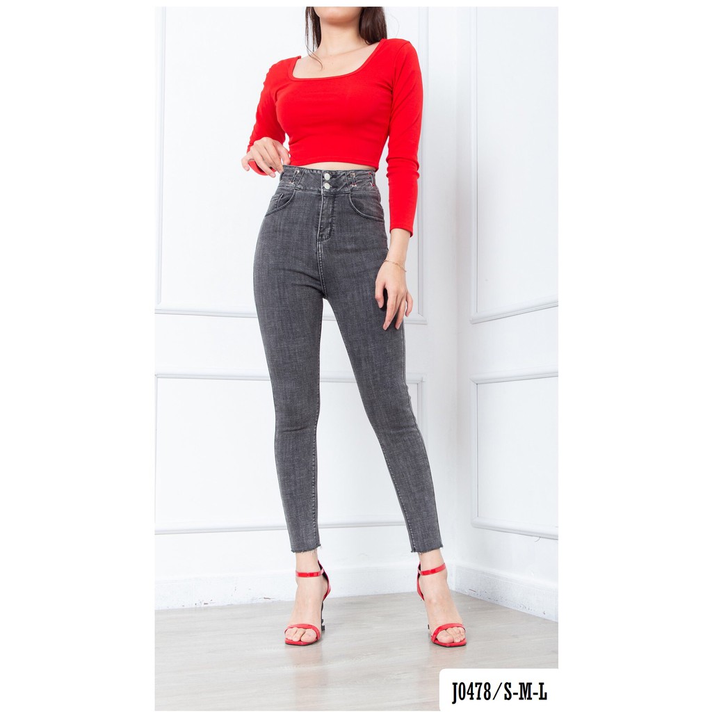 Quần Jean Nữ Lưng Cao Màu Xám 2 Nút J0478 - Jeany