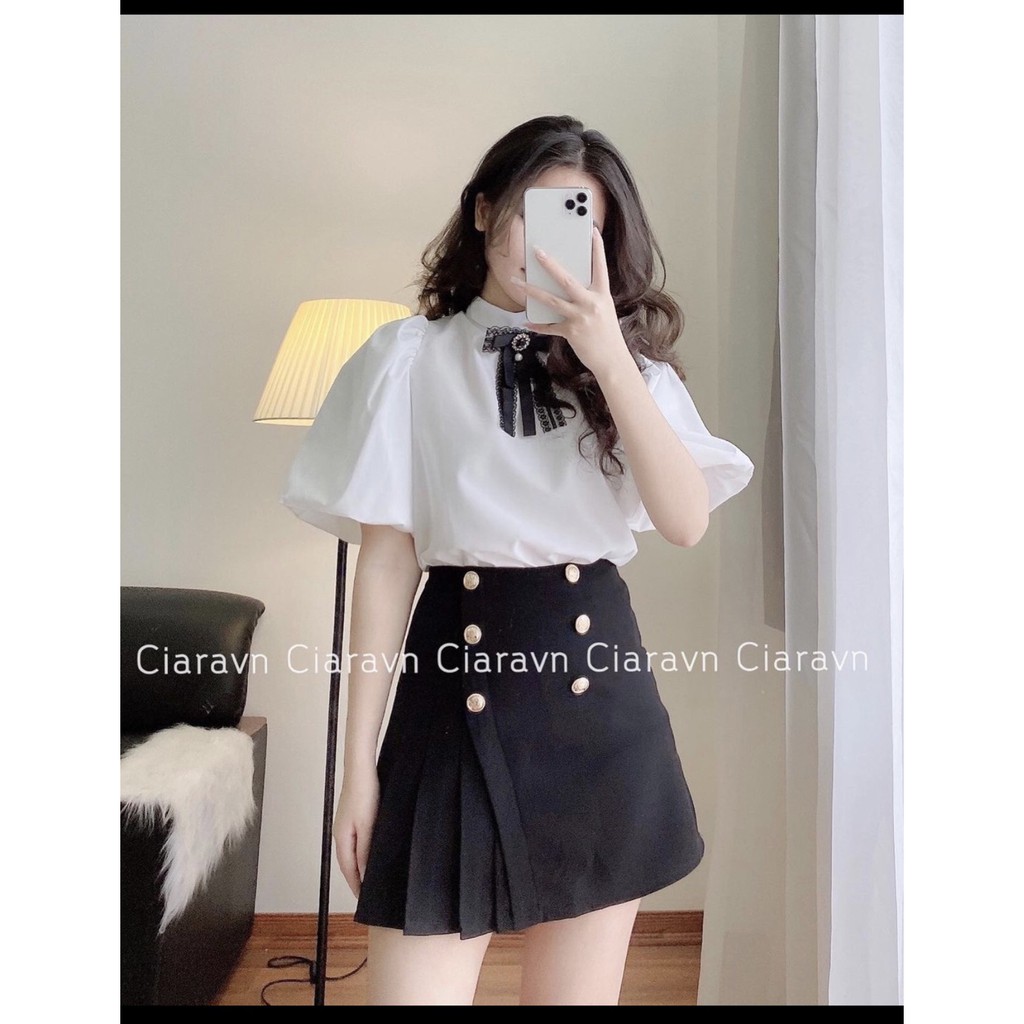 Chân váy ngắn chữ A vạt chéo xếp ly 3 khuy lưng cao 2 màu trắng, đen sz S,M | BigBuy360 - bigbuy360.vn