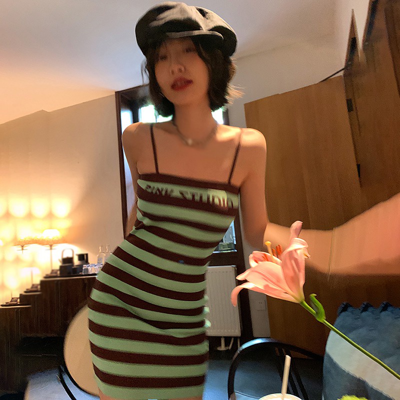 Đầm Dệt Kim Hai Dây In Chữ Thời Trang Hàn Quốc Dành Cho Nữ