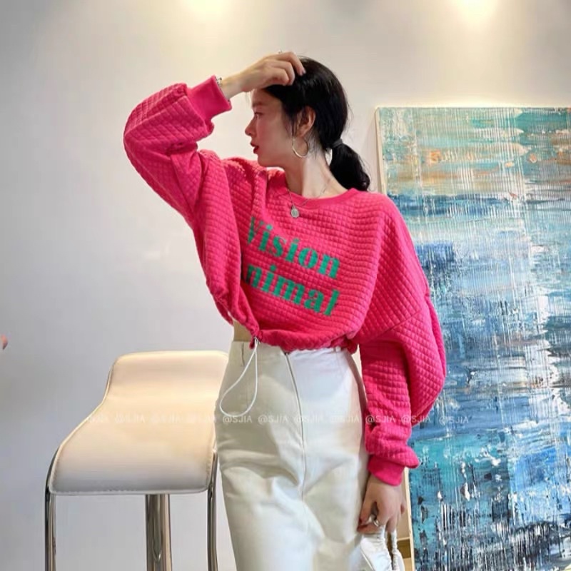 Áo croptop xốp có rút dây màu hồng cá tính