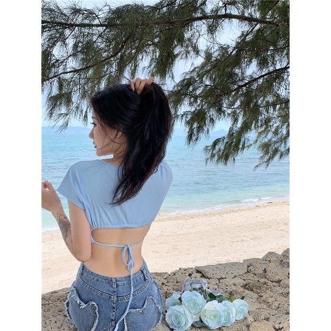 Áo Thun Ngắn Tay Cổ Vuông Hở Lưng Phong Cách Hàn Quốc Gợi Cảm Dành Cho Nữ