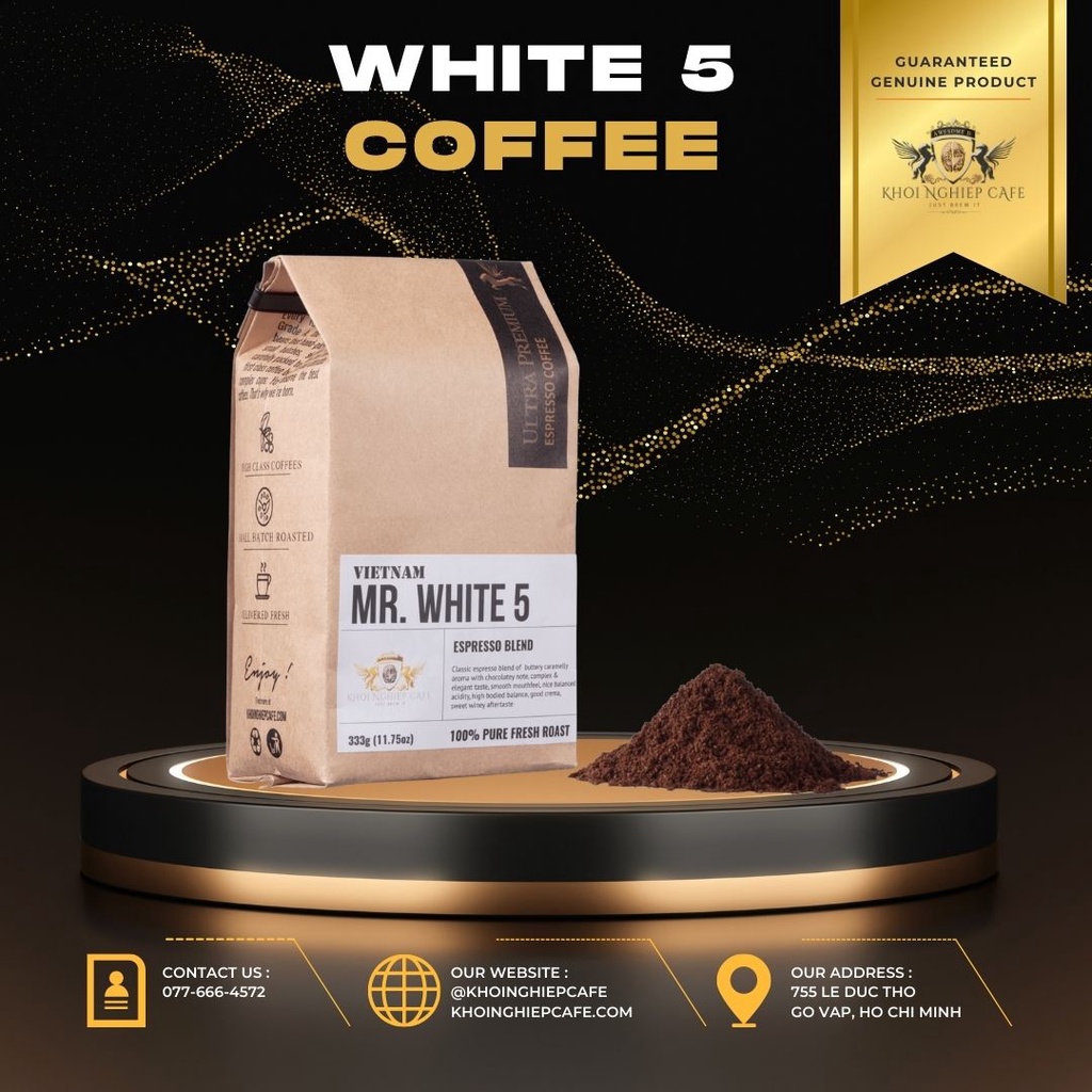 Cà phê Mr. White 5 nguyên chất 100%, chuyên pha máy, làm từ cafe Brazil, Ethiopia, Guatemala, VN