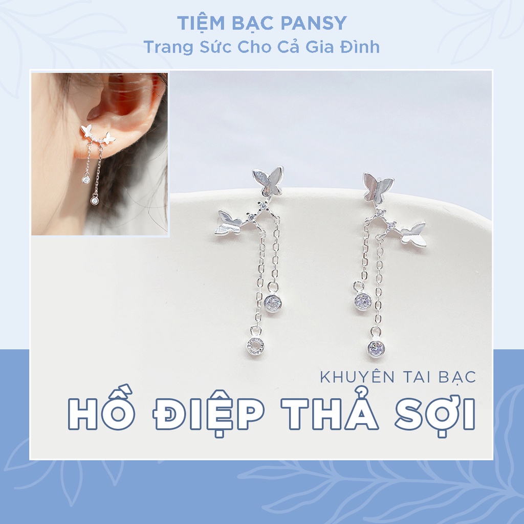 Bông tai bạc nữ PANSY hình cánh bướm thả sợi dáng dài, khuyên tai bạc hồ điệp xinh xắn