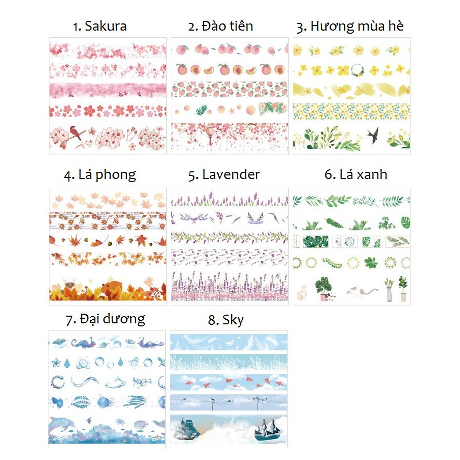 Set 5 cuộn băng dính washi tape trang trí scrapbook planner WST117
