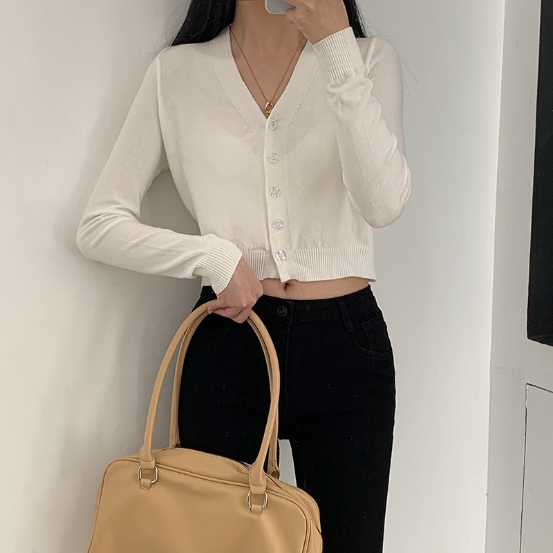 Áo khoác Cardigan Len đan mỏng Cổ tim Dài tay Màu trơn Ulzzang Hàn Quốc Áo Cardigan nữ Tay dài  Thời trang