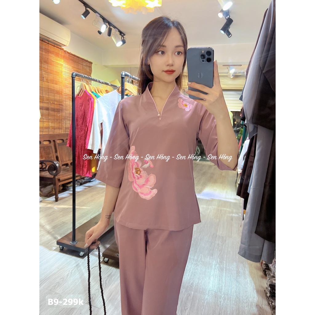 QUẦN ÁO ĐI CHÙA - set Phật tử cổ V thêu hoa thiết kế - đồ áo lam pháp phục nữ vải kate lụa mềm mịn mát B9