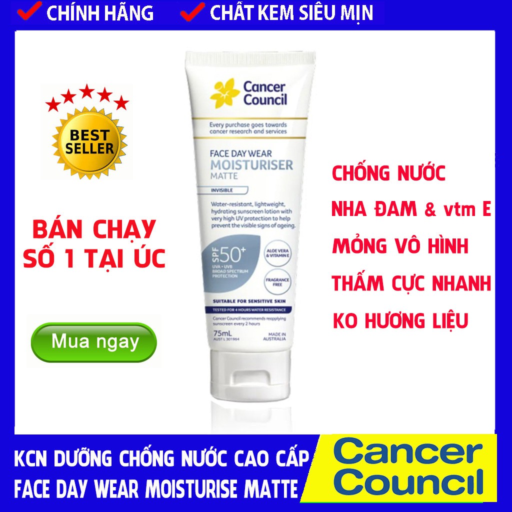 Kem Chống Nắng Cancer Council Face Day Wear Moisturiser Matte Invisible SPF50+/PA++++ 75ml, Dưỡng Ẩm, Dịu Nhẹ-NHÃN XANH