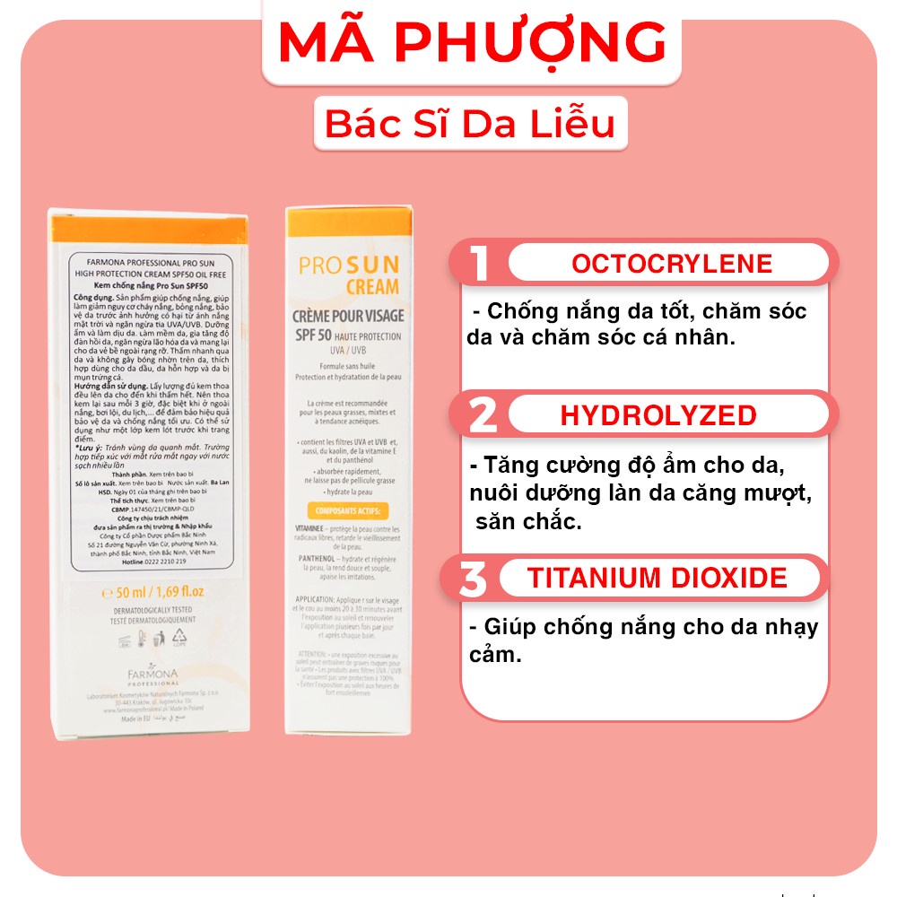 Kem chống nắng Farmona Professional Pro Sun 50ml - Kem chống nắng cho da mụn kiềm dầu ( TUÝP TRẮNG) - Bác sĩ Mã Phượng
