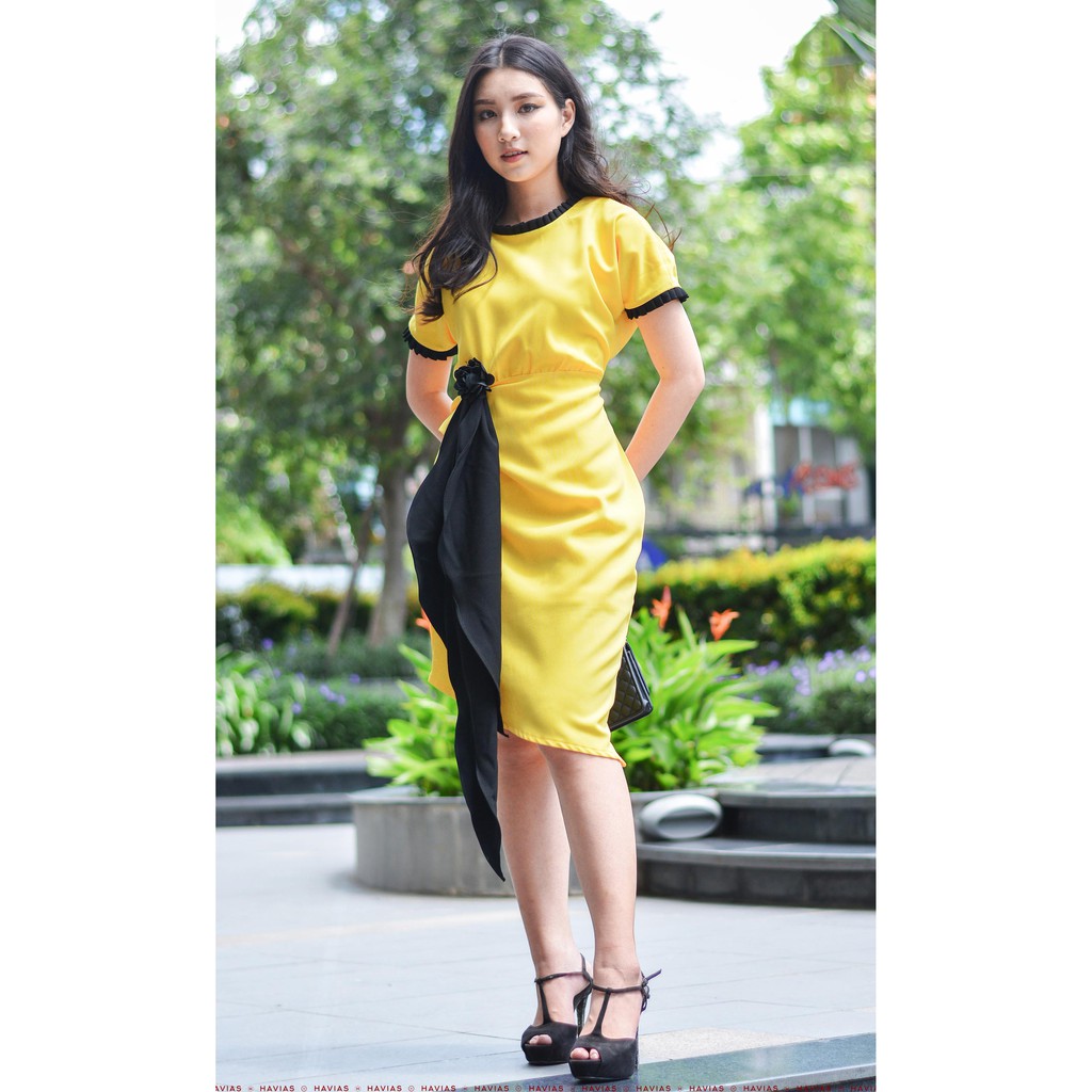 Đầm nữ HAVIAS có nơ bên hông độc đáo vải Premium Cotton vàng cao cấp