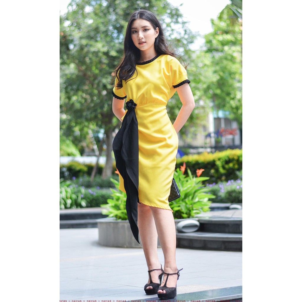 Đầm Pleated Neck Sleeve Black Band Yellow Dress HAVIAS