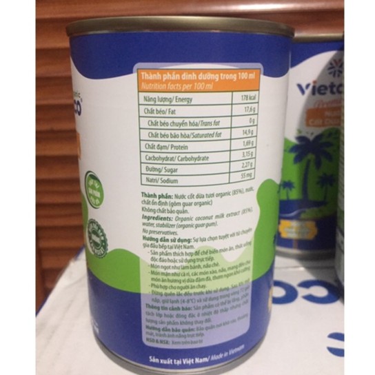 Nước Cốt Dừa Organic Vietcoco lon 400ml