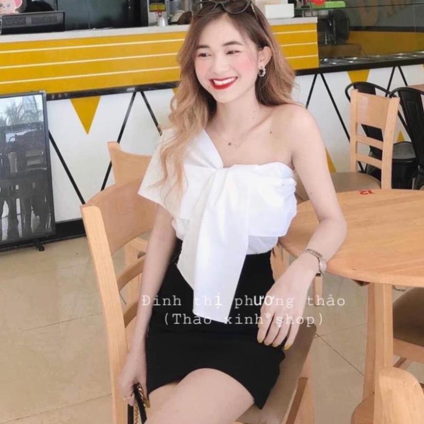 T4N-Ảnh thật, Áo kiểu nữ croptop kết nơ lưng bo thun lệch vai nơ bản to chéo ngực trắng, nude, hồng, cam TASA
