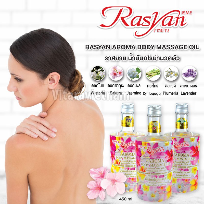 Dầu mát xa Rasyan Aroma Body massage oil coconut & Olive oil Lemongrass 450g