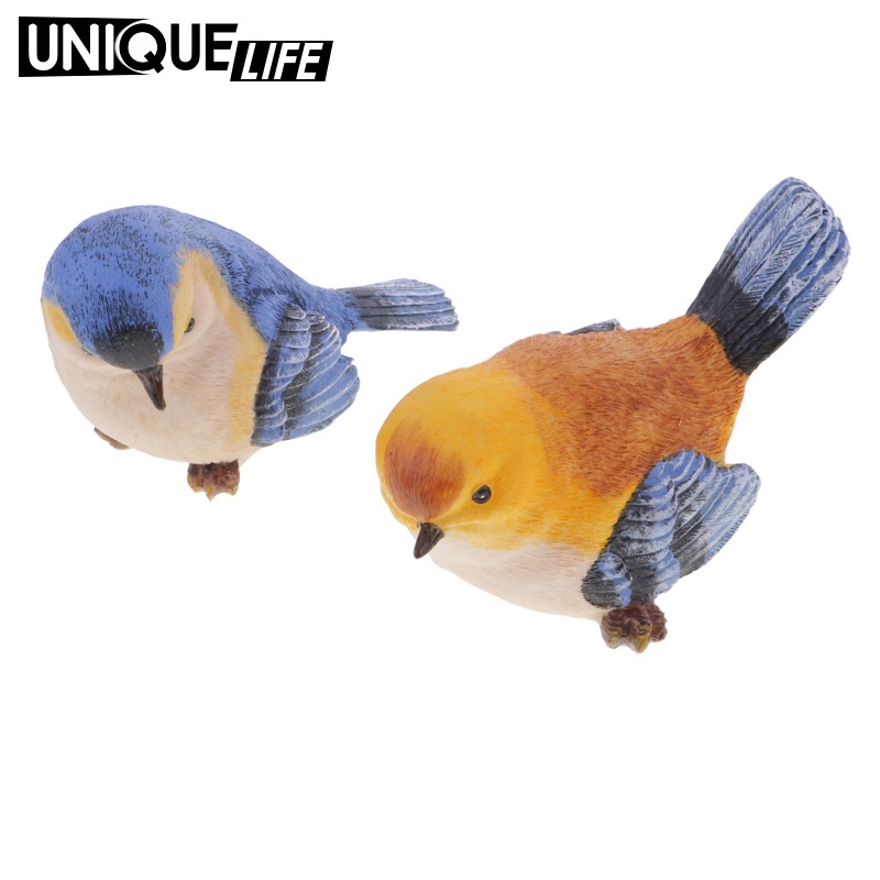Set 2 Mô Hình Chim Bằng Nhựa Resin Màu Xanh Dương & Cam Vẽ Tay Yoyoyo01