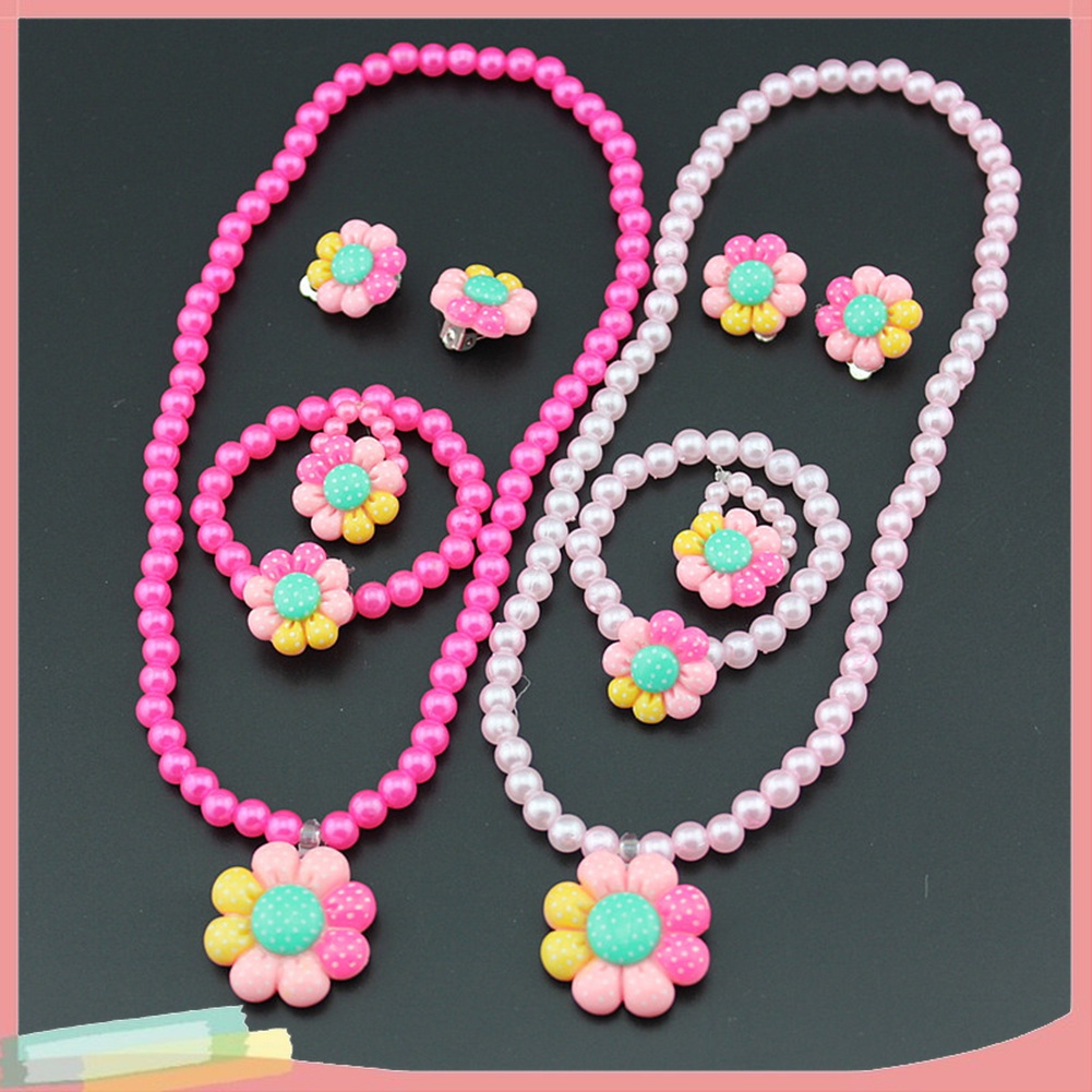 Bộ Trang Sức Gồm Vòng cổ / Vòng Tay / Nhẫn / Bông Tai Hình Hoa Đính Ngọc Trai Nhân Tạo Dễ Thương Cho Bé Gái