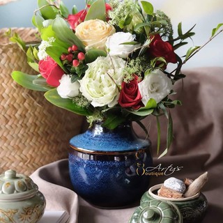 Bình hoa gốm viền thấp men hoả biến xanh sóng biển