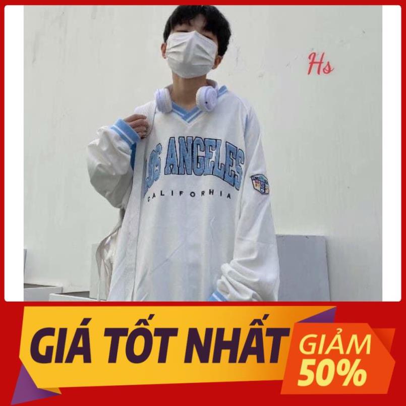 Sale Áo sweater nỉ tay bồng viền cổ V unnisex chữ Los Angeles_Áo nỉ bông nam nữ basic, cá tính, hottend