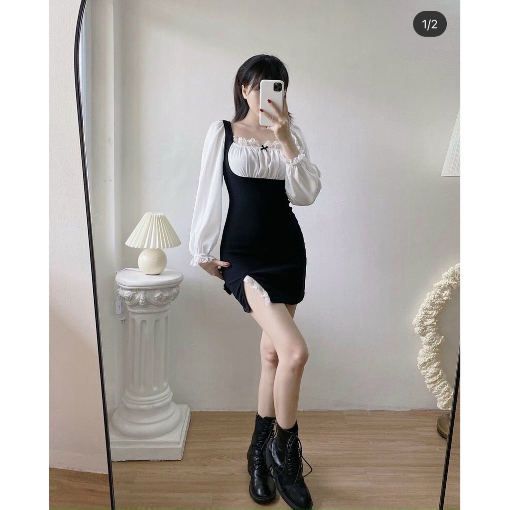 ĐẦM ĐEN PHỐI REN TRẮNG NGỰC VÀ CỔ TAY XẺ ĐÙI SANG CHẢNH - BUNNY DRESS | BigBuy360 - bigbuy360.vn