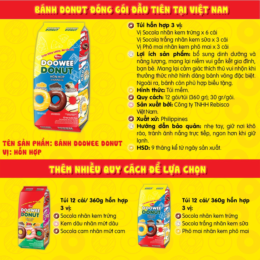 Bánh bông lan - Doowee Donut - Túi hỗn hợp 3 vị II - Combo 2 túi -  Túi 12 cái/ 360 Gram