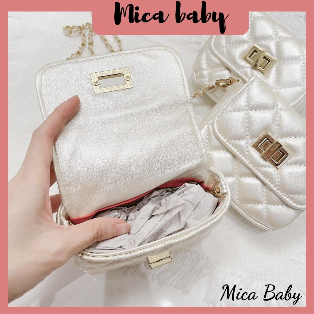 Túi xách nữ, túi đeo chéo trần trám khoa gập màu kem bạc cao cấp Mica baby TC02