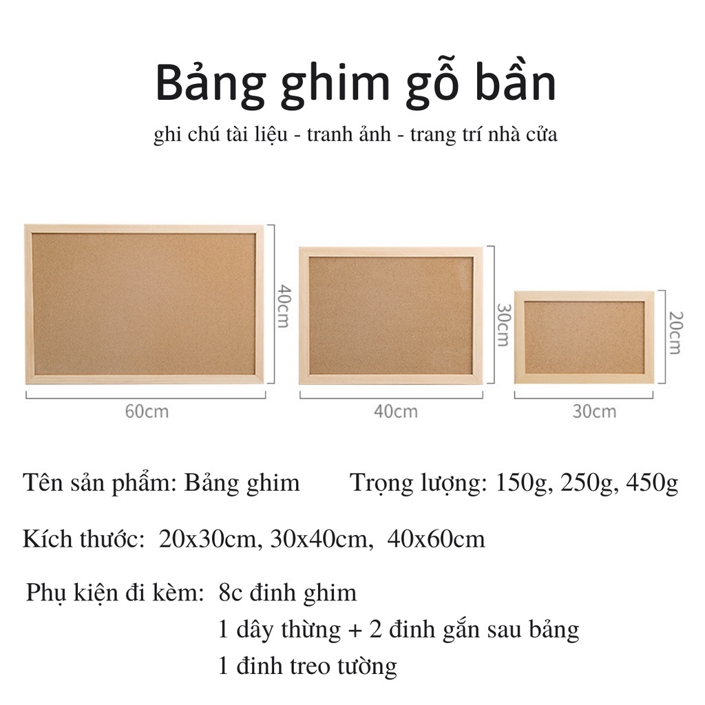 Bảng ghim gỗ bần, Bảng ghim treo tường ghi chú tài liệu, tranh ảnh phù hợp làm quà tặng decor bàn học