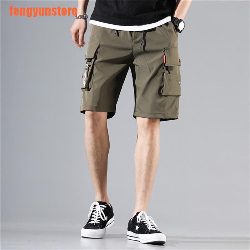 【llow】Mens Shorts Bermuda Cargo Multi-Pocket Pants Elastic Waist Knee Length Sho