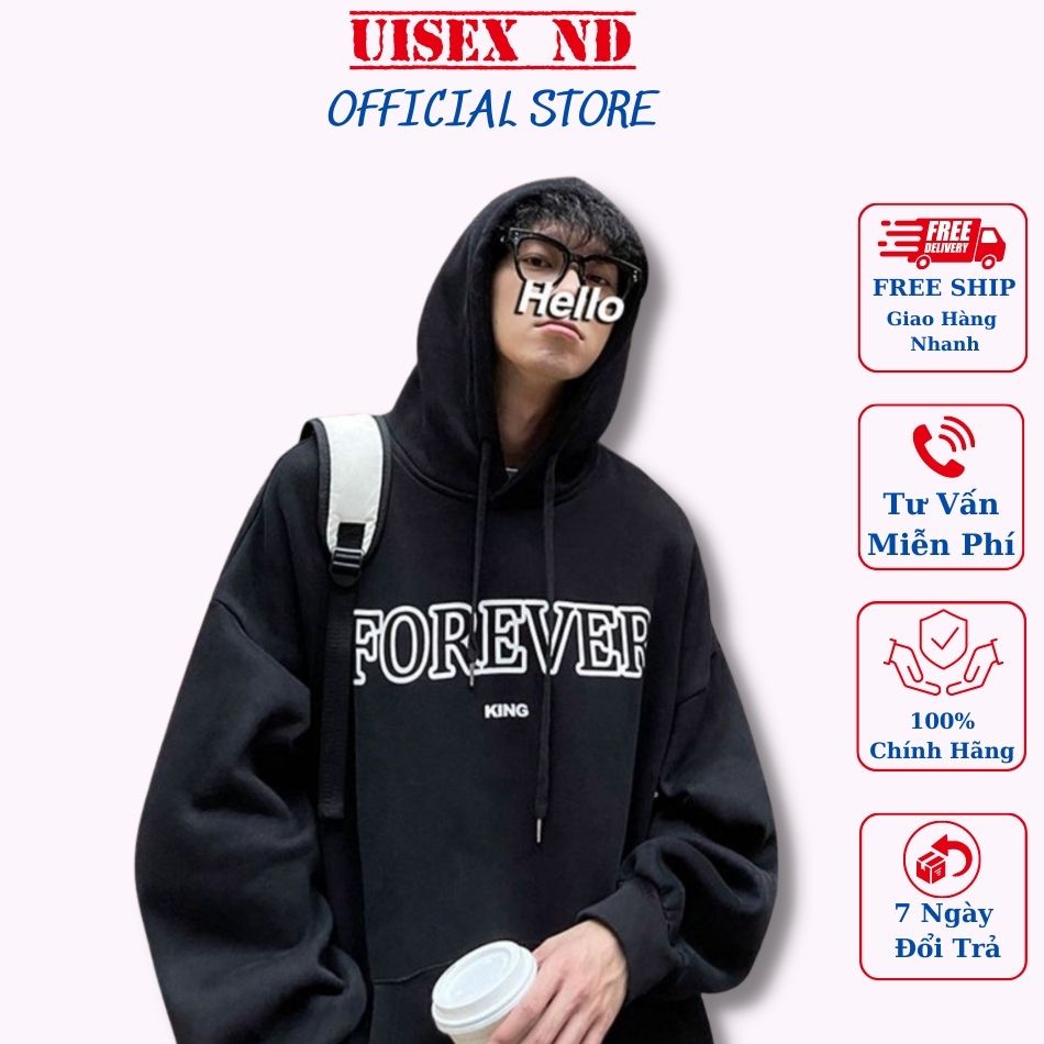 Áo nỉ có mũ in chữ Forever 3 màu xám, trắng đen, đủ size, chất dày dặn ấm áp, form rộng tay dài