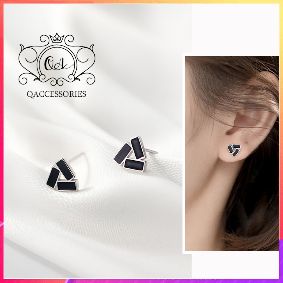 Khuyên tai bạc tam giác đen bông tai bạc hình học S925 TRIANGLE Silver Earrings SO00 - KÈM ẢNH THẬT