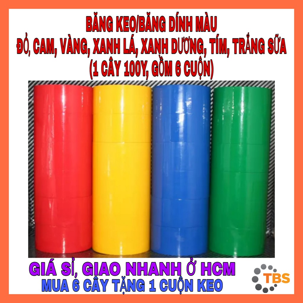 [GIÁ SỈ, GIAO NHANH] BĂNG KEO MÀU, 1 CÂY 100 YARD, GỒM 6 CUỘN (ĐỦ MÀU SẮC, MUA 6 CÂY TẶNG 1 DAO CẮT KEO)