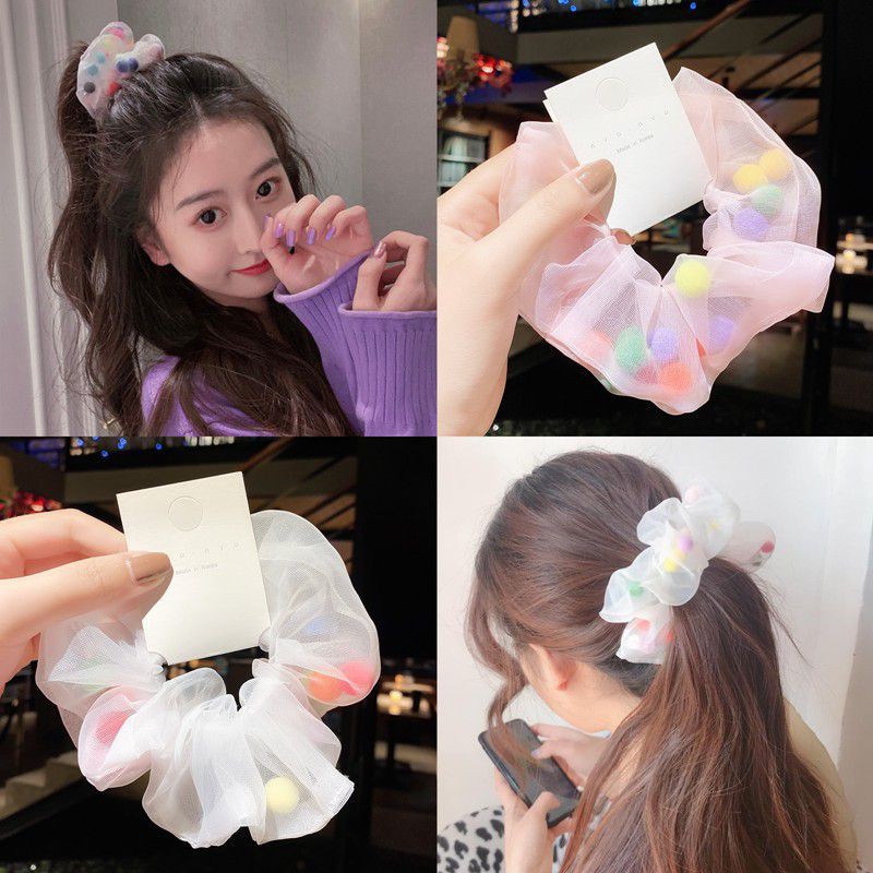 [Mã FAMARAL2 giảm 10K đơn 50K]Dây cột tóc scrunchies phối quả pom pom ulzzang