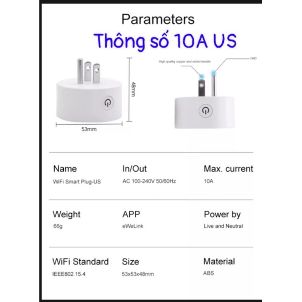 (APP FULL TIẾNG VIỆT) Ổ Cắm Wifi  Hẹn giờ Thông Minh App Ewelink 10A chuẩn US 3 chân, Work with Google &amp; Alexa