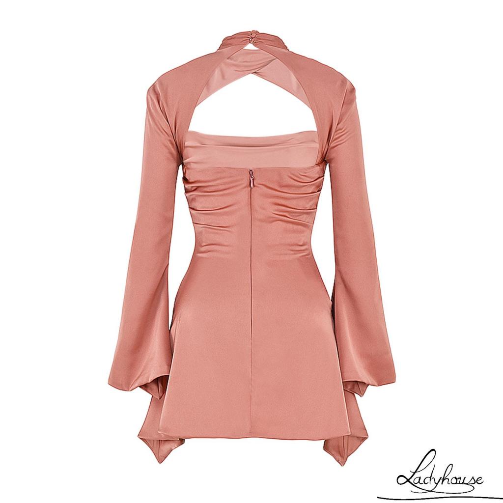 LDD-Women´s Slim Dress, Flare Long Sleeve Hollow Out Backless Solid Color Ruched Skinny Mini Dresses