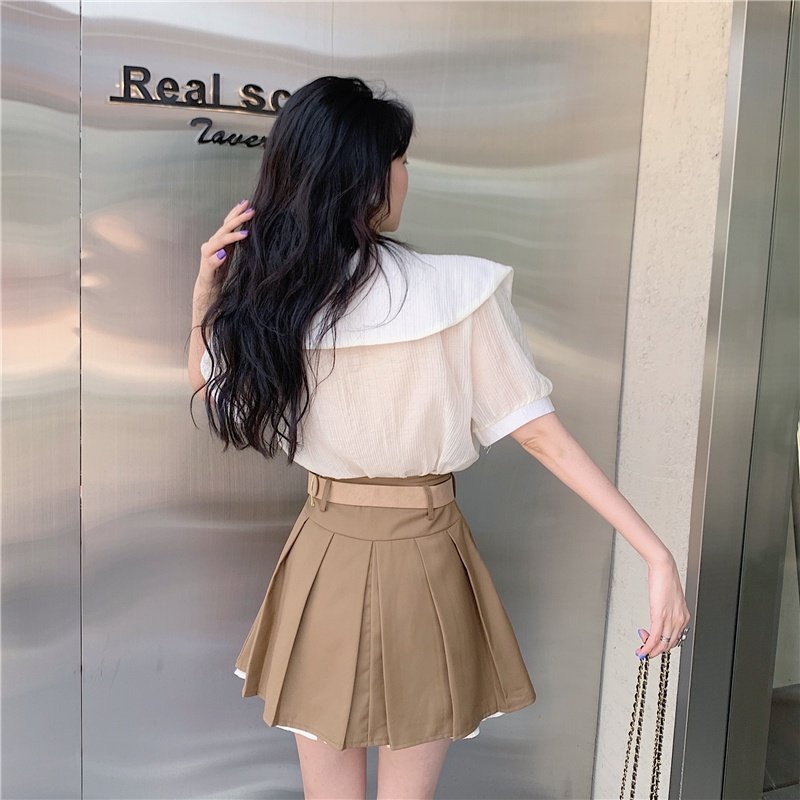 Set đồ nữ - Sét áo sơ mi cổ sen, mix chân váy xếp ly 2 tầng kèm dây lưng nâu cực xinh xắn Chang Bi Shop