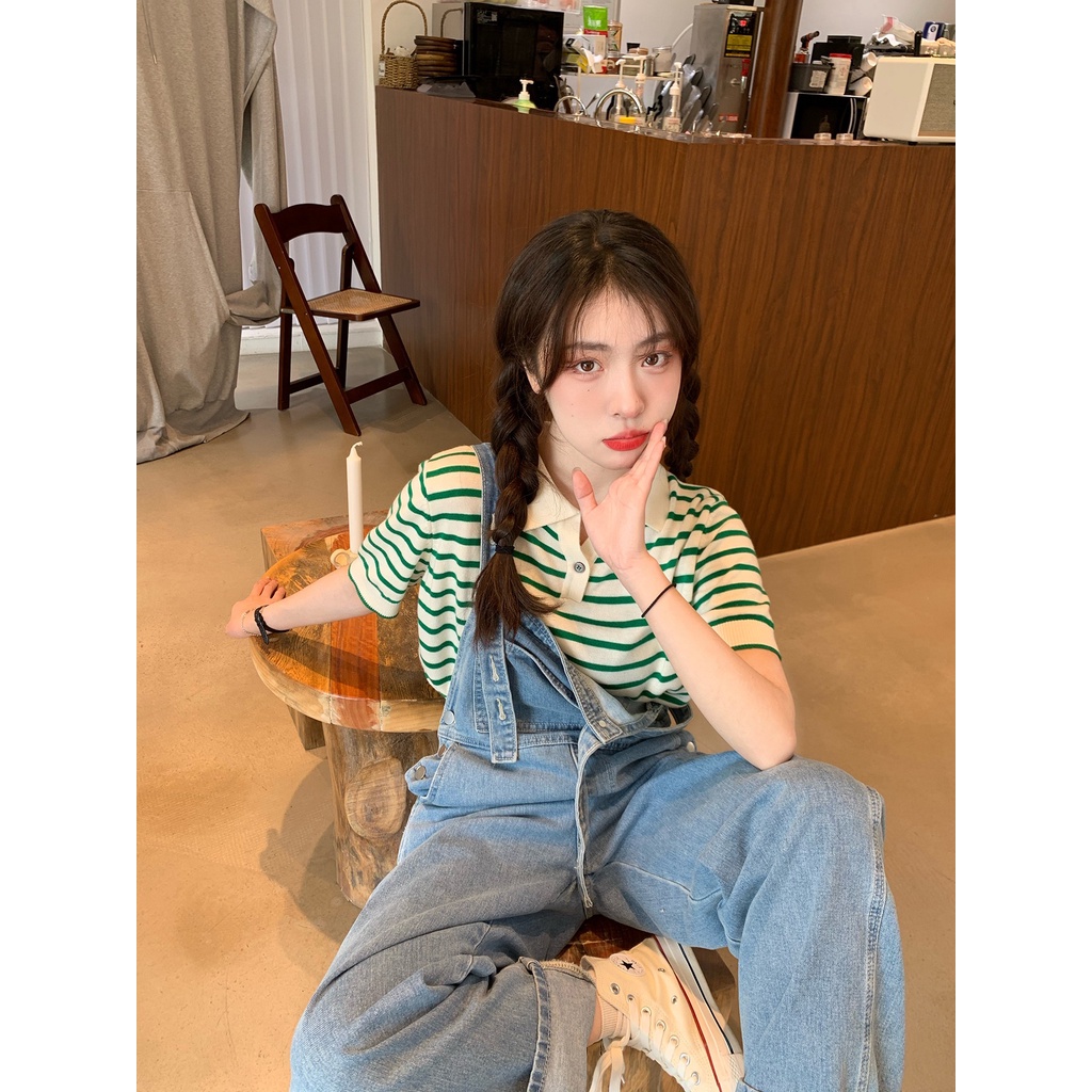 Áo thun polo ZHELIHANGFEI vải dệt kim ngắn tay họa tiết kẻ sọc ngang thời trang