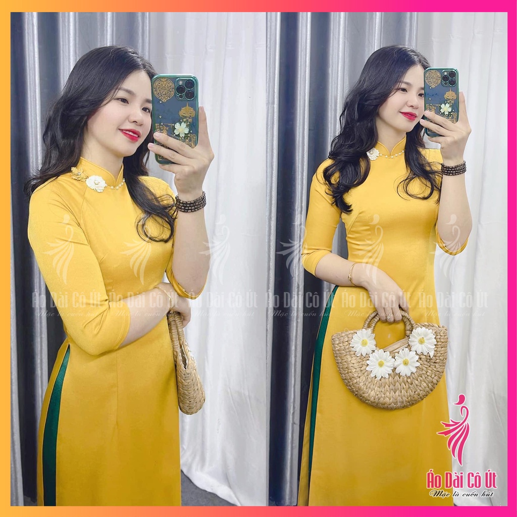 Áo dài nữ truyền thống cổ cao đính hoa vải lụa tây thi
