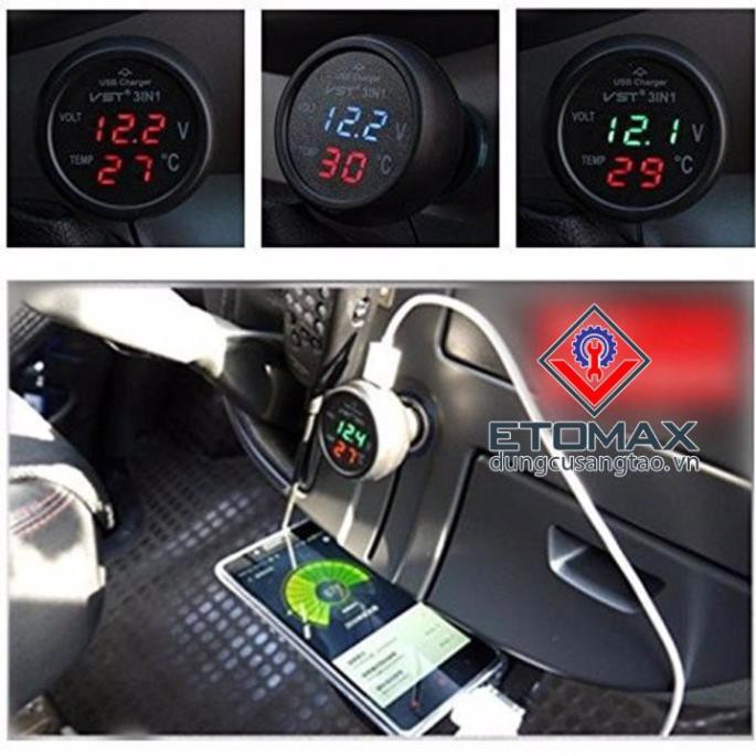 [SALE SỐC]  Tẩu sạc điện thoại kiêm đồng hồ đo điện áp, nhiệt độ trên ô tô