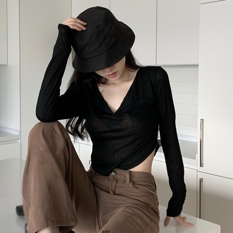 Áo Thun Tay Dài Dáng Ôm Vải Mỏng Thời Trang Mùa Hè Cho Nữ