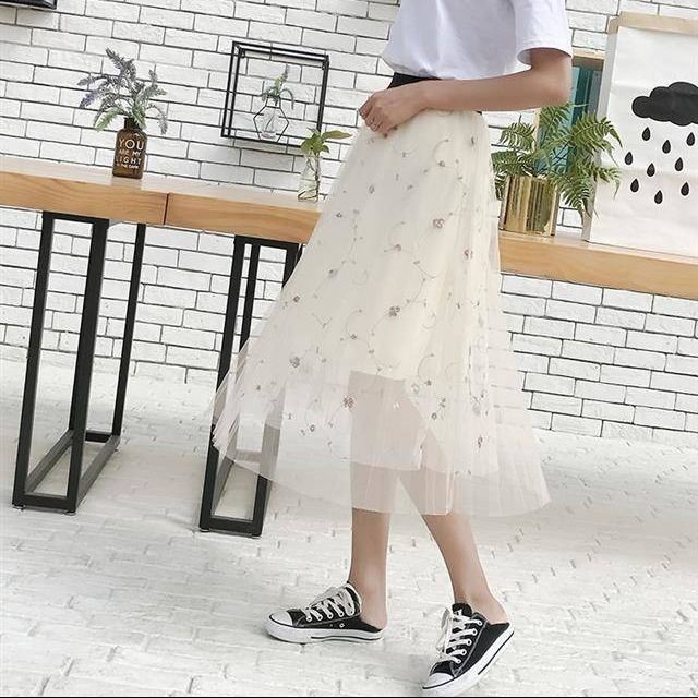 Chân Váy Lưới Dài Qua Gối Thêu Họa Tiết Thời Trang Mùa Hè Mới Cho Nữ