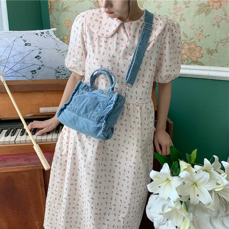 Túi đeo chéo vai bằng vải jean có dây đeo điều chỉnh phong cách retro dành cho nữ