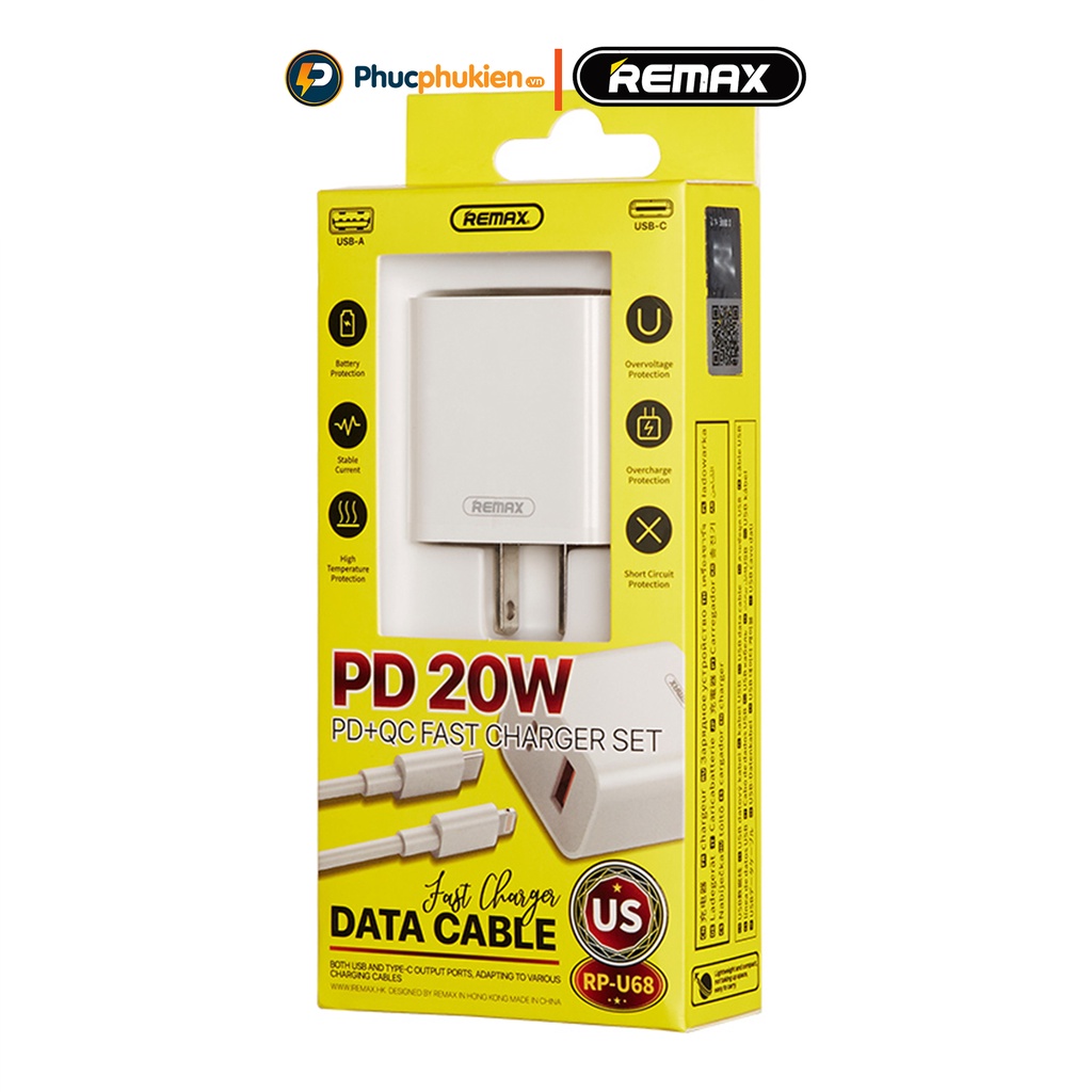 Bộ sạc nhanh 20w + Dây sạc nhanh 20w Remax U68 sạc đầy 50% pin chỉ trong 30 phút cho 8 plus trở lên Phúc Phụ Kiện Remax