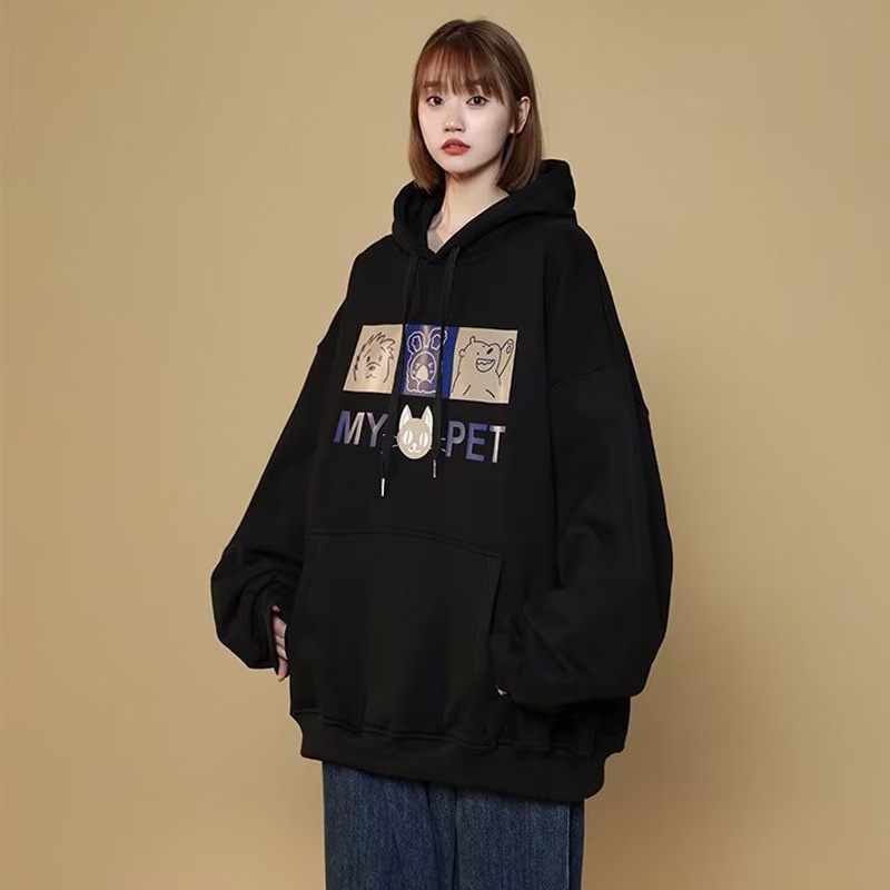 IELGY     Áo Hoodie Dáng Rộng In Họa Tiết Hoạt Hình Phong Cách Hàn Quốc Cho Nữ