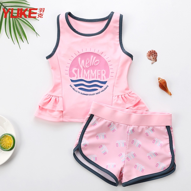 Đồ bơi bé gái áo ba lỗ, quần đùi, màu hồng Hello Summer (5-12 tuổi) (20-35kg)