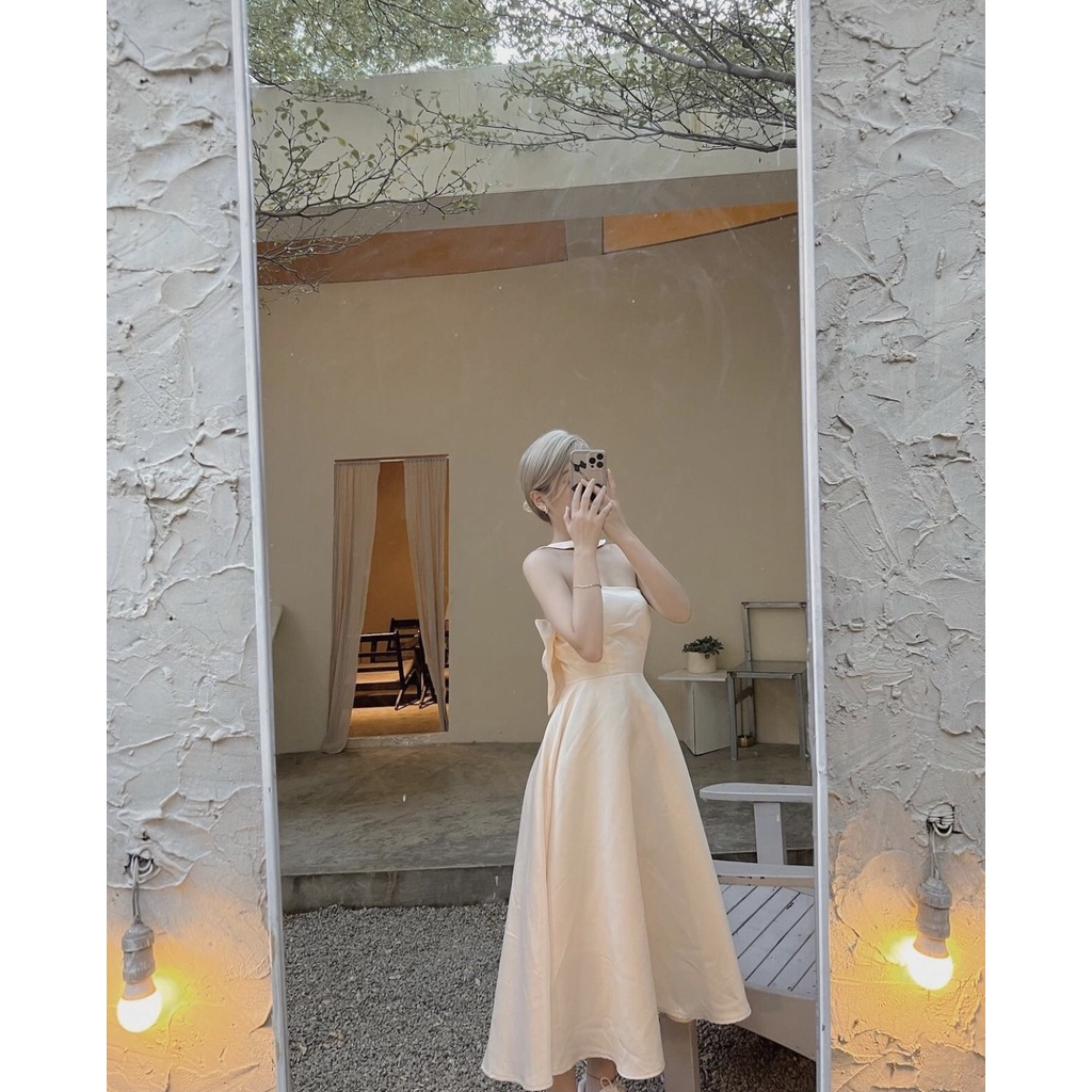 Váy Bigsize Cúp Ngực Dáng Xoè Kèm Choker Nơ Lưng Vải Tafa (40-70kg)