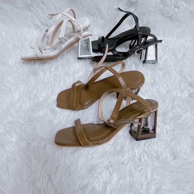 Guốc/ giày sandal cao gót 7 phân dây đan chéo sau gót vuông sang chảnh dễ đi phong cách trẻ trung