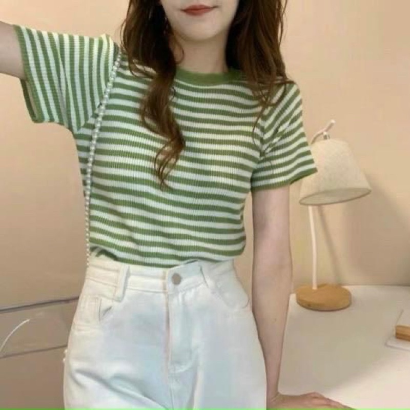 Áo len dệt kim sọc dáng lửng