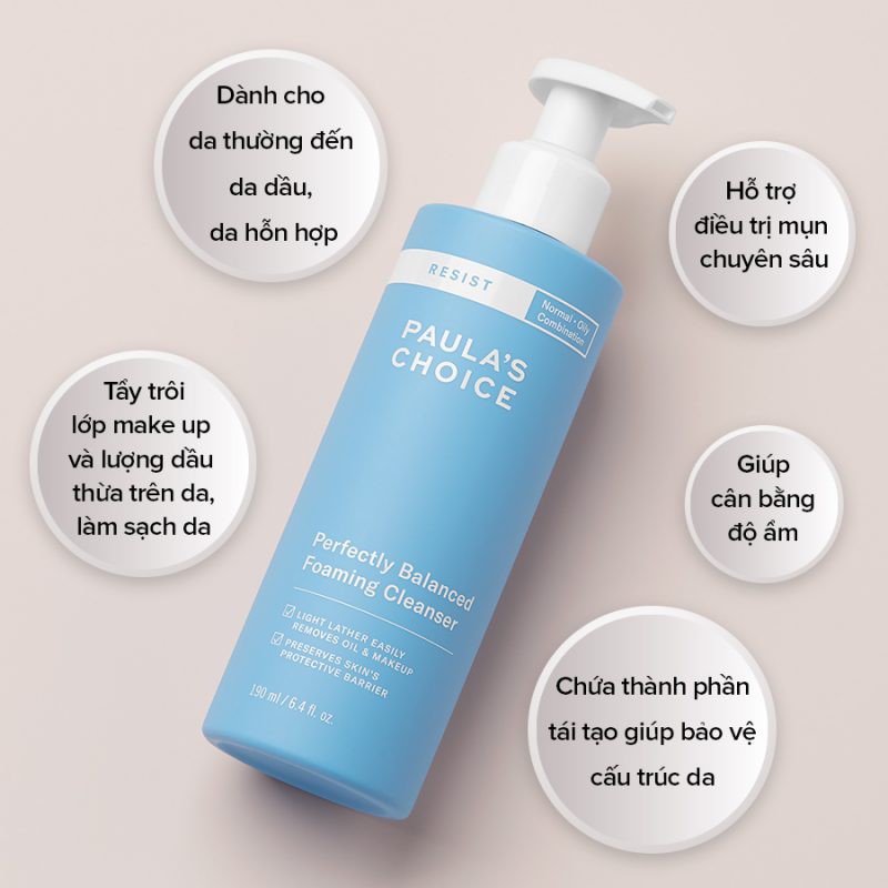 Sữa rửa mặt cân bằng da Paula's Choice resist perfectly balanced foaming cleanser TẶNG mặt nạ Sexylook (Nhập khẩu)