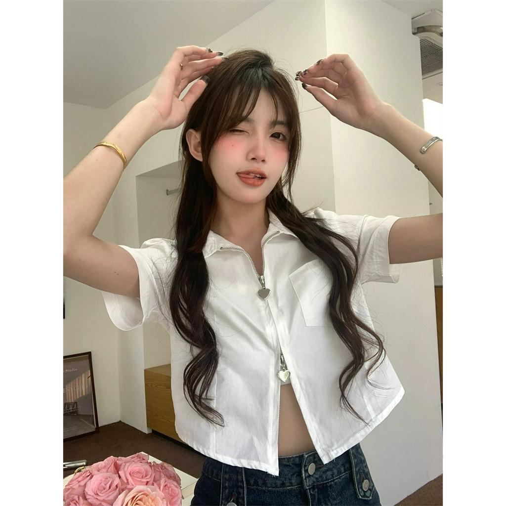 ZHELIHANGFEI Áo Sơ Mi Croptop Ngắn Tay Hai Đầu Có Khóa Kéo Thời Trang Dành Cho Nữ