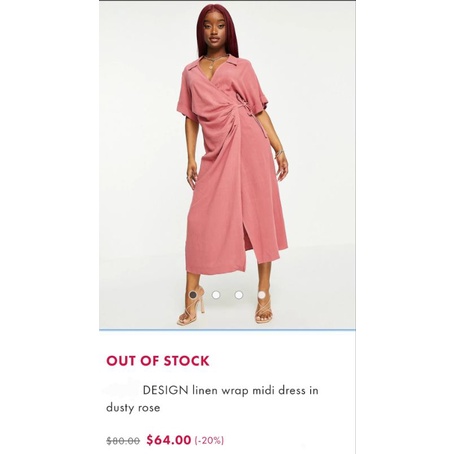 Đầm sơ mi midi TAHARI linen đũi form suông cổ V tay ngắn vạt chéo thắt nơ xếp ly dúng eo hồng dusty rose