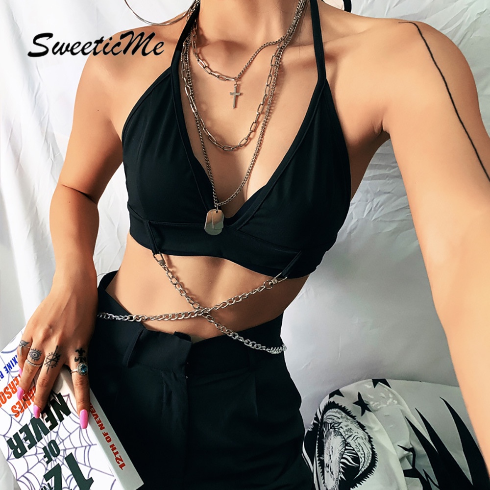 SweeticMe Women's New Halter Neck Tie V-neck Sexy Metal Decorative Halter Top